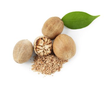 Tam, hindistan cevizi, toz ve yaprak beyaz, üst görünüm