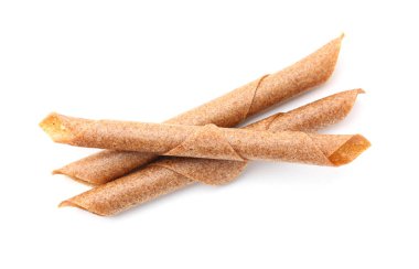 Beyaz arka planda nefis meyve dürümleri, üst manzara.