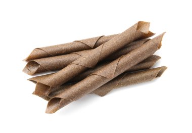 Beyaz arka planda nefis meyve dürümleri, üst manzara.