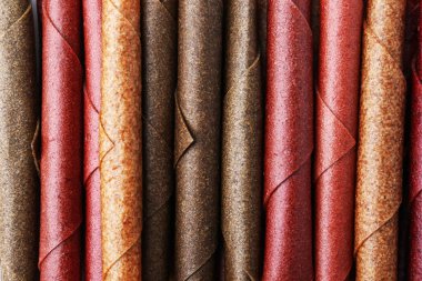 Arka plan olarak lezzetli meyve ruloları, üst manzara