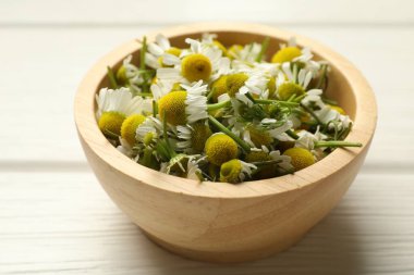 Taze papatya çiçekleri kasede beyaz ahşap masada, yakın plan.