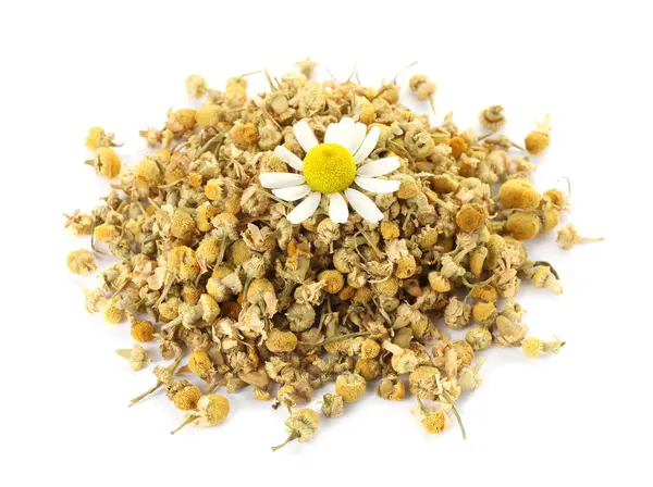 Kuru ve taze papatya çiçeği yığını beyaz üzerine izole edilmiş.