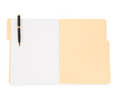 Kağıt dosya dizinini boş sayfa ve kalem ile beyaz, üst görünümde aç