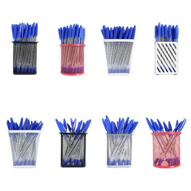 Farklı tutacaklardaki kalemler beyaz üzerine izole edilmiş.