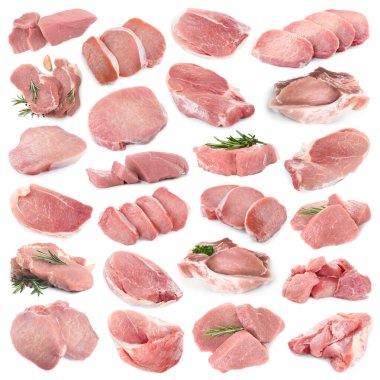 Beyaz arka planda taze çiğ domuz eti, kolaj.