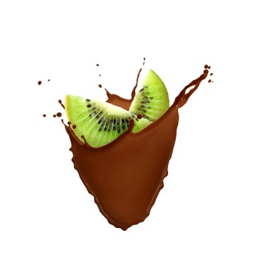 Beyaz arka planda sulu kivi ile çikolata sıçraması