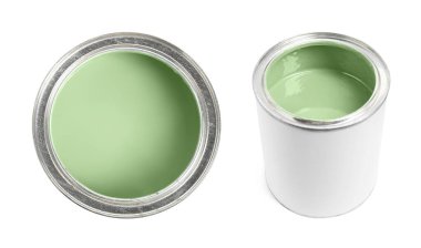 Pastel yeşili boya beyaz teneke üzerinde izole edilmiş. Üst ve yan görünüm