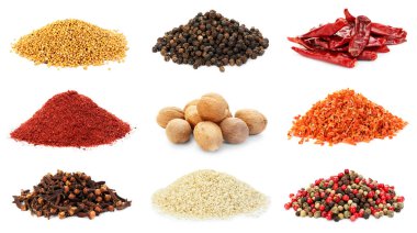 Beyaz arka planda farklı aromatik baharatlar, kolaj