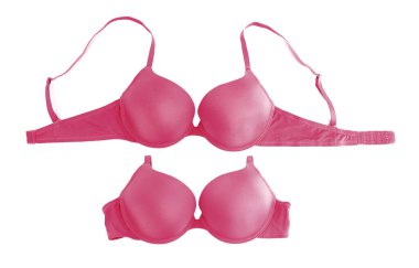 Güzel kırmızı sütyen beyaza izole edilmiş, kolaj. Üst görünüm