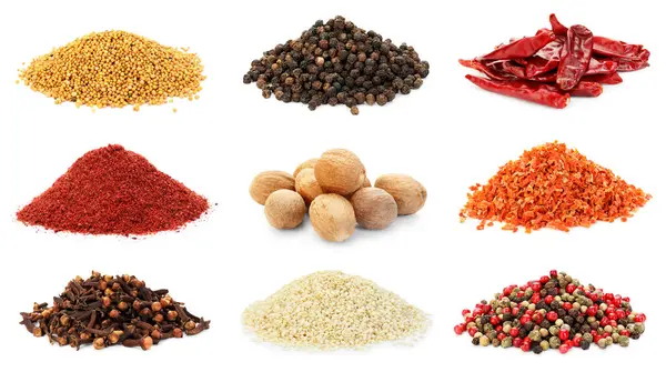 Beyaz arka planda farklı aromatik baharatlar, kolaj