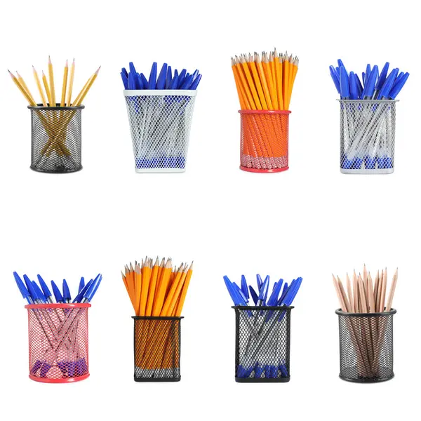 Farklı tutacaklardaki kalemler ve kalemler beyaz, set üzerine izole edilmiş.