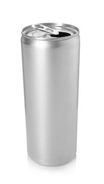 Bir gümüş teneke kutu beyaza izole edilmiş