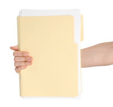 Beyaz arkaplanda kağıt dosya dizini tutan kadın, kapat