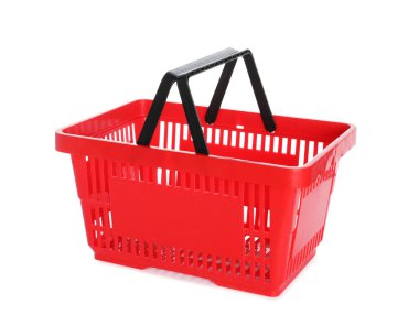 Beyaza izole edilmiş kırmızı bir alışveriş sepeti.