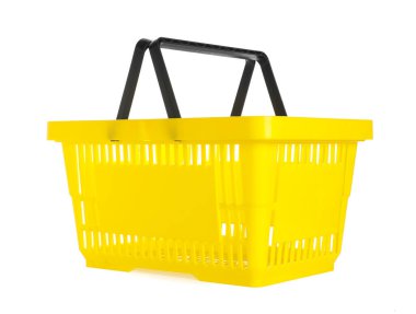 Beyaza izole edilmiş sarı bir alışveriş sepeti.