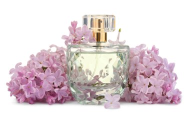 Parfüm ve güzel leylak çiçekleri beyaza izole edilmiş.