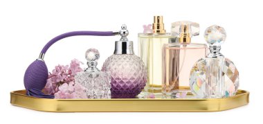 Lüks parfümler ve beyaz tenli güzel leylak çiçekleri.