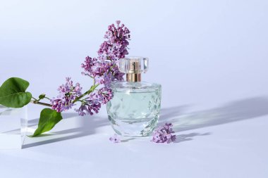 Parfüm şişesi ve dalında açık gri arka planda leylak çiçekleri, yakın plan.