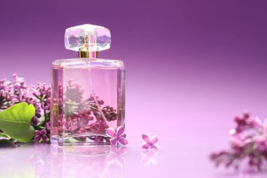 Ayna yüzeyinde parfüm ve leylak çiçekleri olan şişe renk değişimine karşı, yakın plan. Metin için boşluk