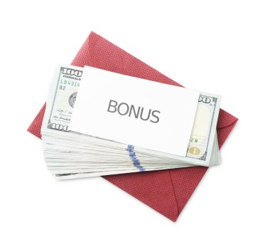 Zarfın içinde Bonus ve dolar banknotları beyaz, üst görünümde izole