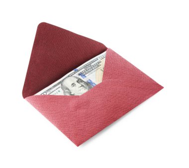 Para bonusu. Beyaz üzerine izole edilmiş dolar banknotları ile zarf