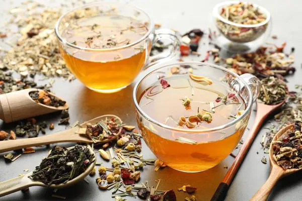 Aromatik bitki çayı ve kuru yapraklar gri masada, yakın plan.