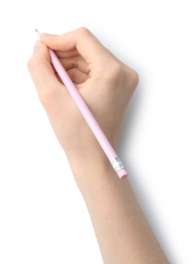 Beyaz arka planda grafit kalemi olan kadın, üst görünüm