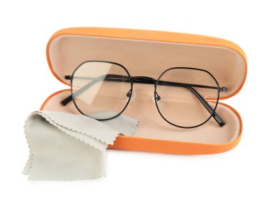 Case with stylish glasses and cleaning cloth isolated on white