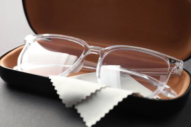 Gri arka planda şık gözlüklü ve temizlik bezli çanta, yakın plan.