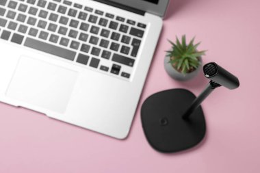 Profesyonel mikrofon, dizüstü bilgisayar ve pembe arka planda çiçek dekoru.