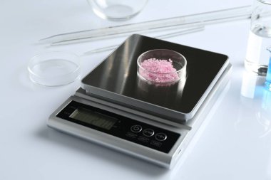 Beyaz arka planda Petri kabı ve diğer laboratuvar ekipmanları ile ölçeklendir, yakın plan