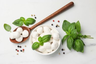 Lezzetli mozzarella peynir topları kasede, kaşıkta, fesleğende ve biberlikte beyaz mermer masada, düz yerde yatıyordu.