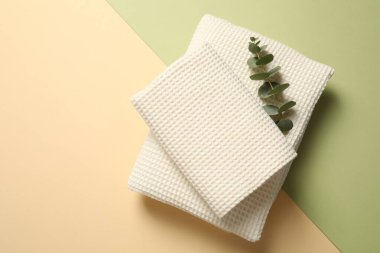 Temiz waffle havluları ve okaliptüs rengi arka plan, üst manzara. Metin için boşluk