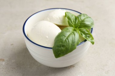 Nefis mozzarella peyniri ve fesleğen ışık masasında, yakın plan.