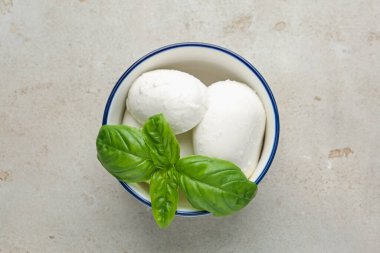 Işık masasında mozzarella peyniri ve fesleğen.
