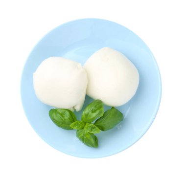 Lezzetli mozzarella peyniri ve fesleğen beyaza izole edilmiş.