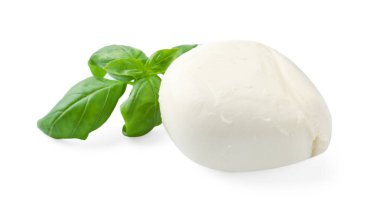 Lezzetli mozzarella peyniri ve fesleğen beyaz üzerine izole edilmiş.