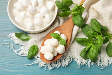 Mozzarella peyniri topları ve fesleğen mavi ahşap masada, düz yatıyordu.