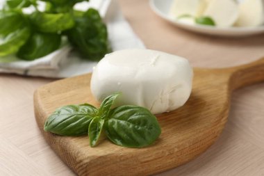 Ahşap masada mozzarella peyniri ve fesleğen, yakın plan.
