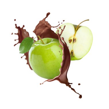 Çikolatalı taze elmalar beyaz arka planda havaya sıçrıyor.
