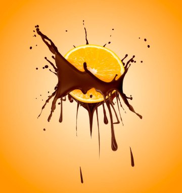 Renkli arka planda sulu portakallı çikolata sıçraması.