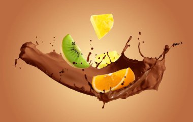 Soluk kahverengi arka planda sulu meyveli çikolata sıçraması