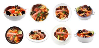 Beyaz kolajla izole edilmiş kâselerdeki lezzetli deniz ürünleri çorbası. Üst ve yan görünüm