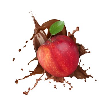 Çikolatalı taze elma beyaz arka planda havaya sıçradı.