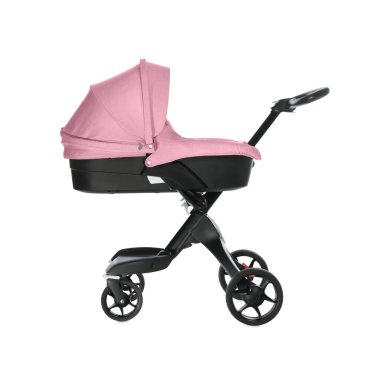 Bebek arabası. Beyaz tenteli pembe bebek arabası.