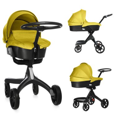 Bebek arabası. Beyaz tenteli, farklı taraflarda, modern bebek arabası.