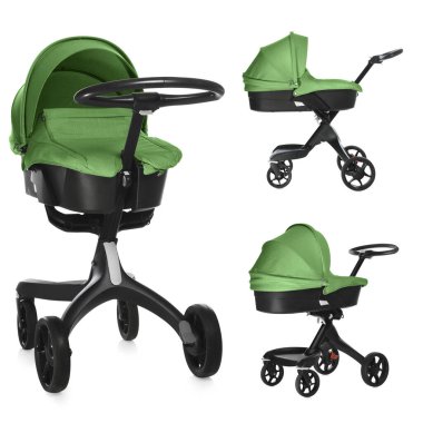 Bebek arabası. Çağdaş bebek arabası beyaz tenteli, farklı taraflarda izole edilmiş.