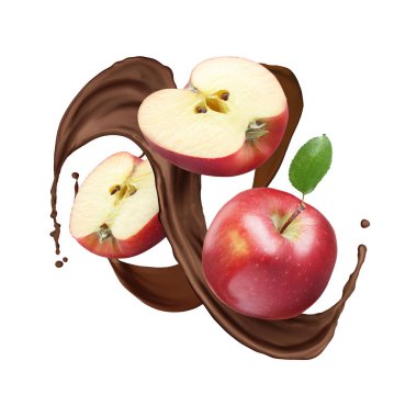 Çikolatalı taze elmalar beyaz arka planda havaya sıçrıyor.