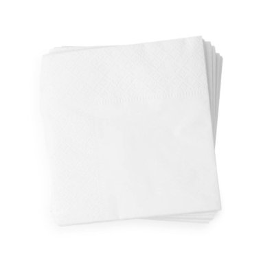 Tek kullanımlık kağıt mendil yığını beyaz, üst görünümde izole edilmiş