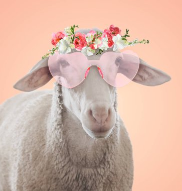 Pembe kalp şeklinde güneş gözlüğü ve pembe bej arka planda çiçek çelengi olan sevimli koyunlar.